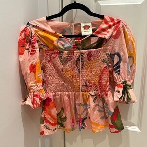 Farm Rio ruched flower tropical top peplum ruffle sleeve Small S